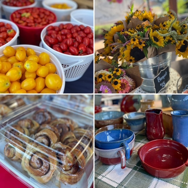 a collage of four photos showing fruit, flowers, desserts, and pottery from local farmers' markets.